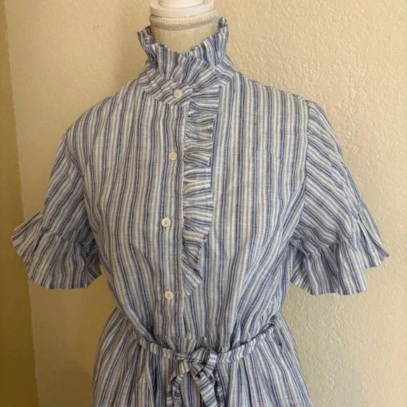 MILLE Resort Violetts Blue Striped Linen Dress Size Small Ruffle - Picture 2 of 9